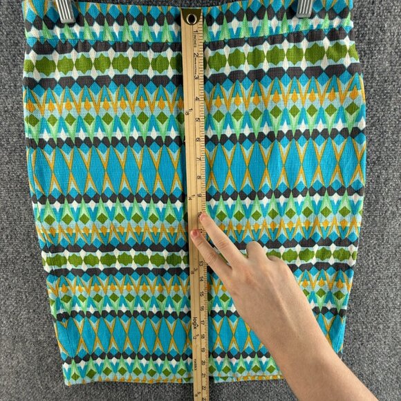 J Crew Pencil Skirt Women Green Blue Geometric Size 6 Back Zip Cotton Office - Picture 6 of 16
